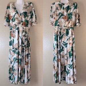 ENTRO Ivory Green Leaf Print Cottagecore Fairy Wrap Maxi Dress Size L NWT